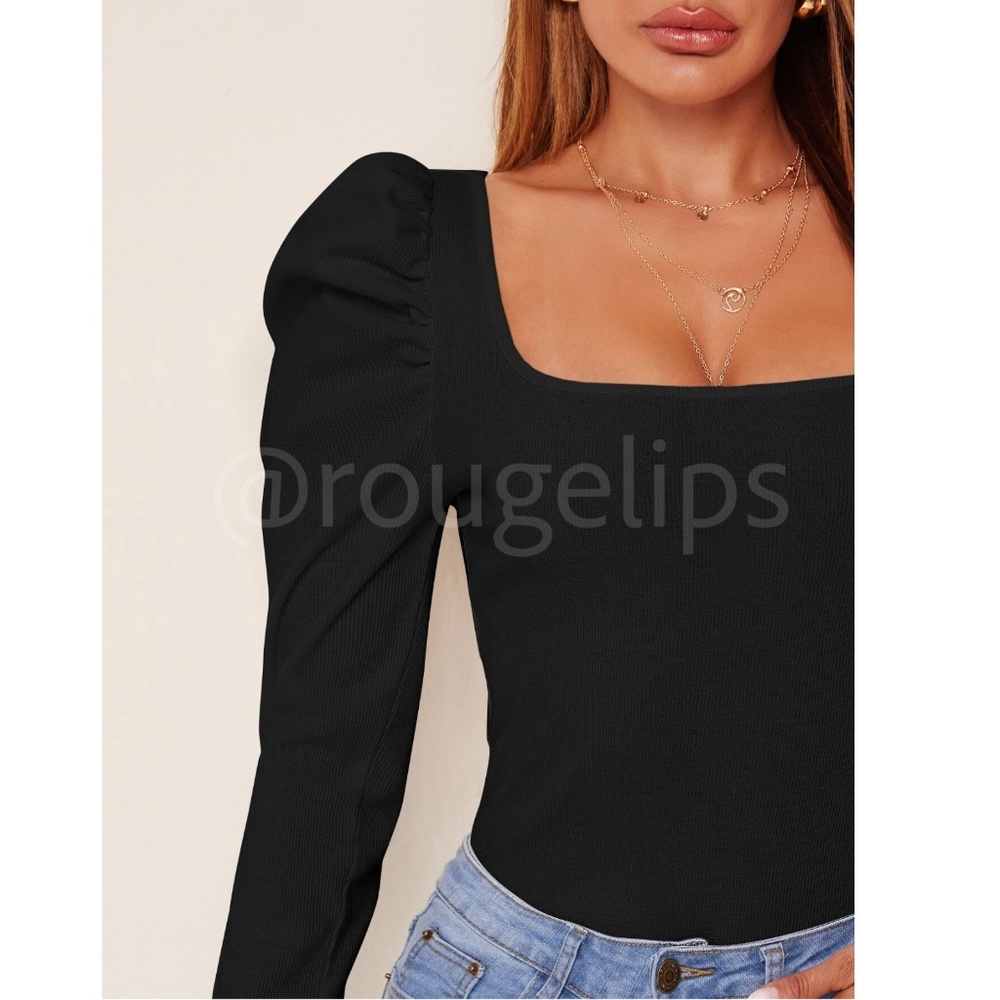 Black Rib Knit Square Neck Puff Long Sleeve Slim Fit Shirt Top - Picture 5 of 6